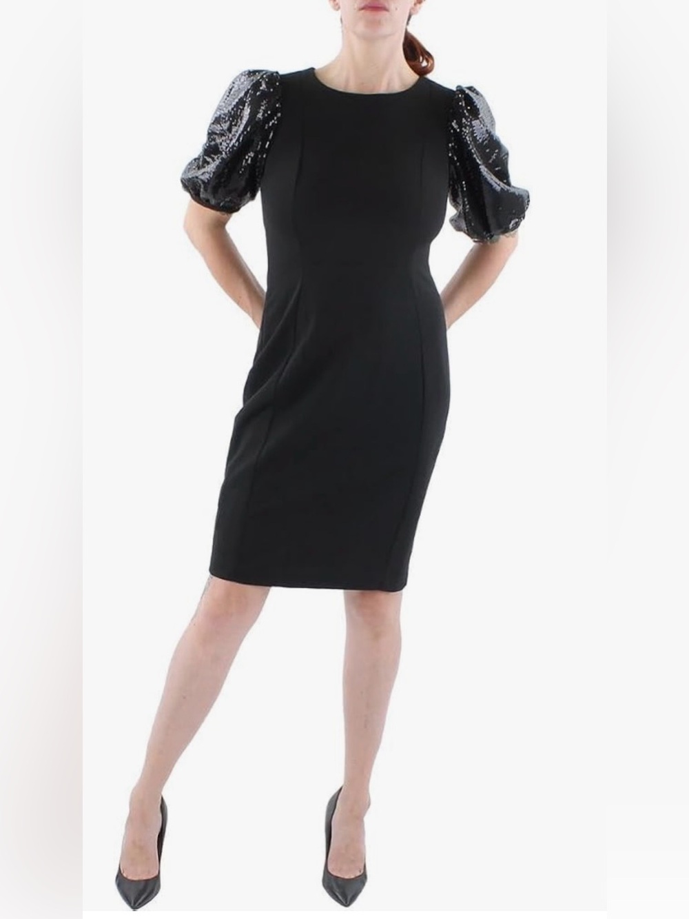 Calvin Klein Black Puff Sleeve Sequin Sheath Party Event Dress Stretchy Size 4